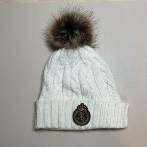 Lauren Ralph Lauren White Cable Knit Beanie with Brown Pom